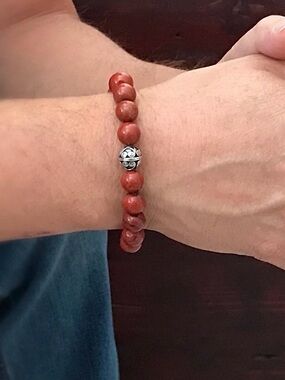 Red Jasper Beaded Gemstone Stretch Bracelet Sterling Silver Accent - 10mm Beads